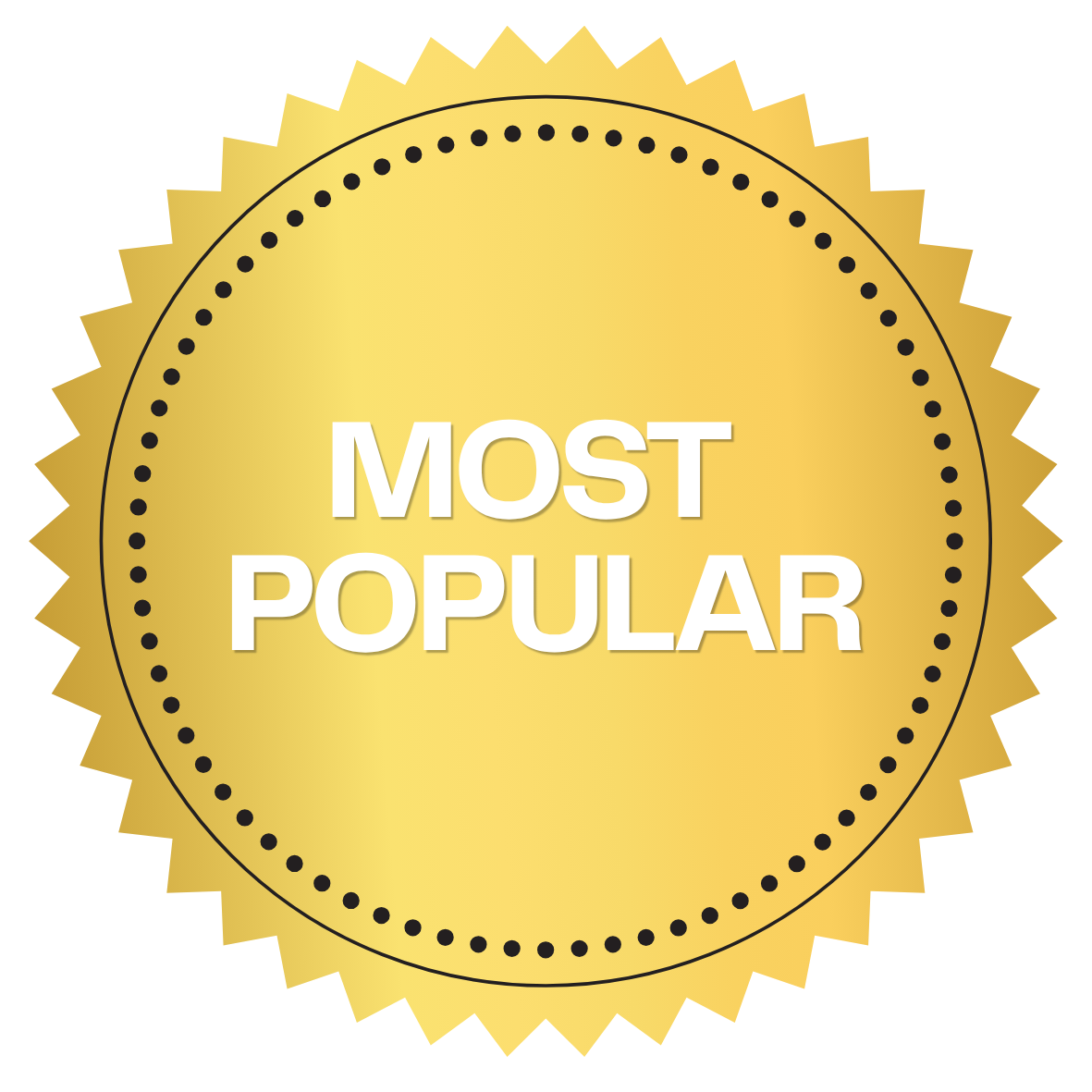 Gold badge with black dotted outline and black ribbon, featuring the text "Most Popular" in white