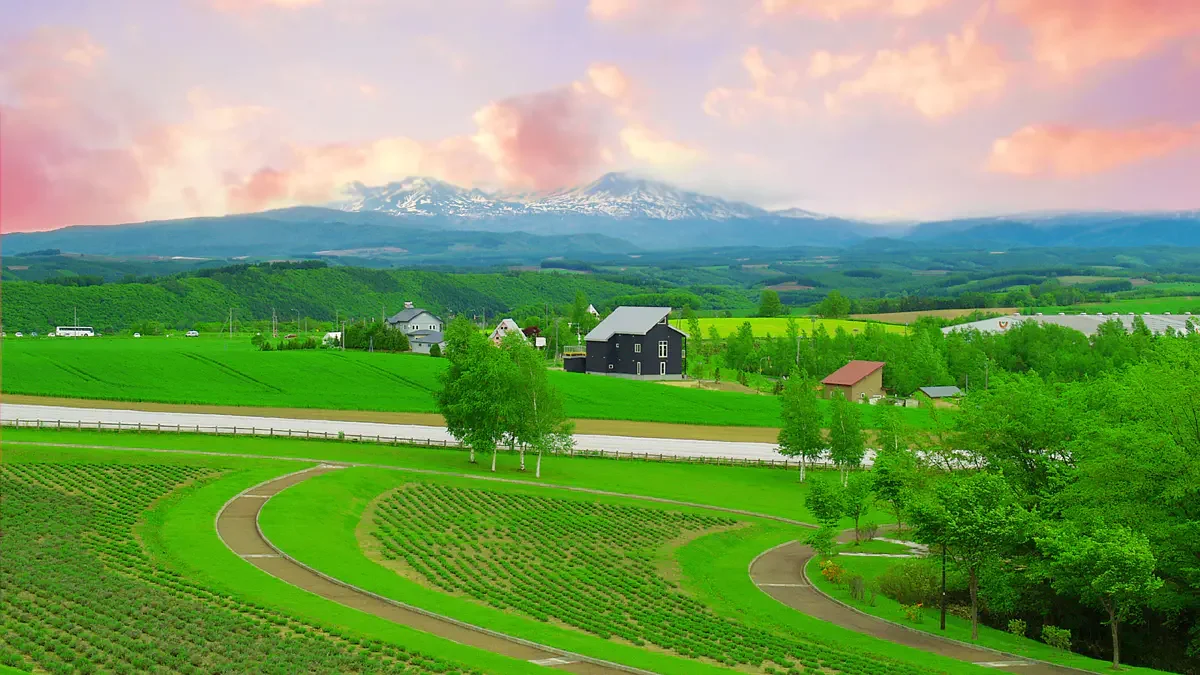 Scenic landscape of lush green fields, winding pathways, scattered houses, and mountains in the distance under a colorful sky.