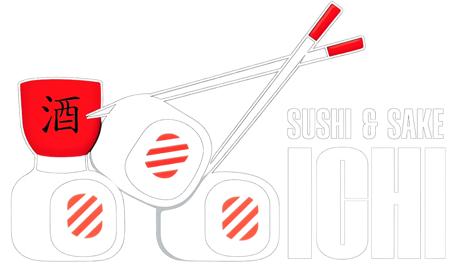 A stylized graphic with a red sake cup and white plates, with Japanese characters, above the text 'SUSHI & SAKE' and stacks of sake bottles.