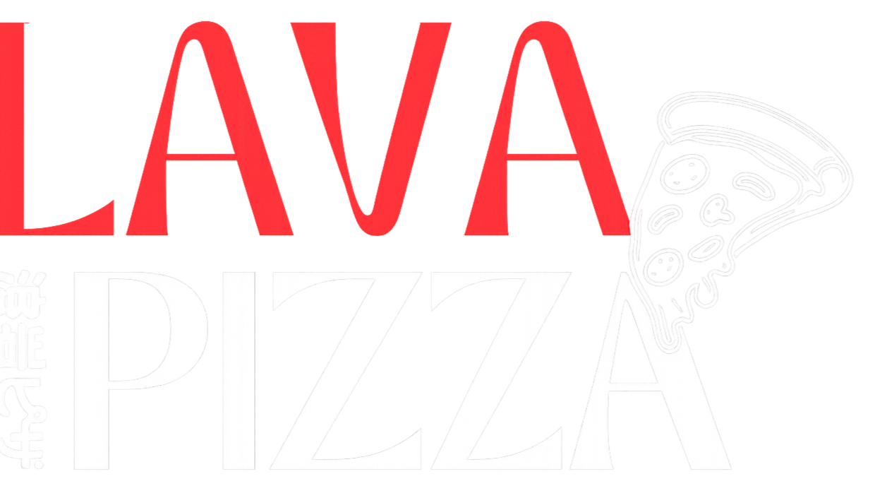 Neon sign of the words 'LAVA PIZZA' with a cartoon pizza slice outline next to the word 'PIZZA'.