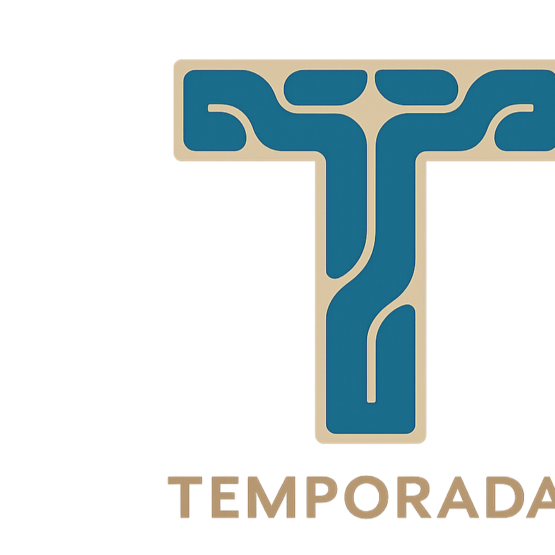 A logo featuring a stylized T shape with a maze-like pattern in blue and beige colors, and the word "TEMPORADA" written below in beige uppercase letters.