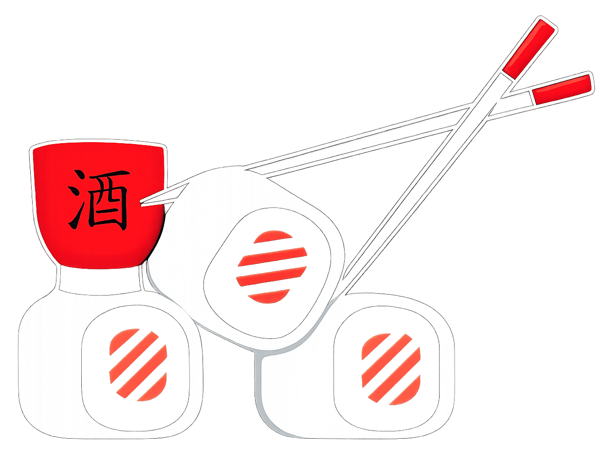 Digital illustration of three glasses of sake with a red origami crane, a pair of chopsticks, and a small red plate with Japanese characters.