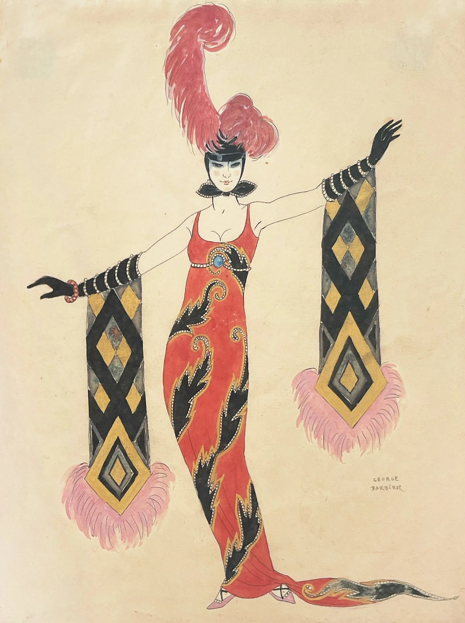 	 Entwurf für ein Kostüm oder eine Abendrobe mit Schleppe, Armstola und Federhut, 1920