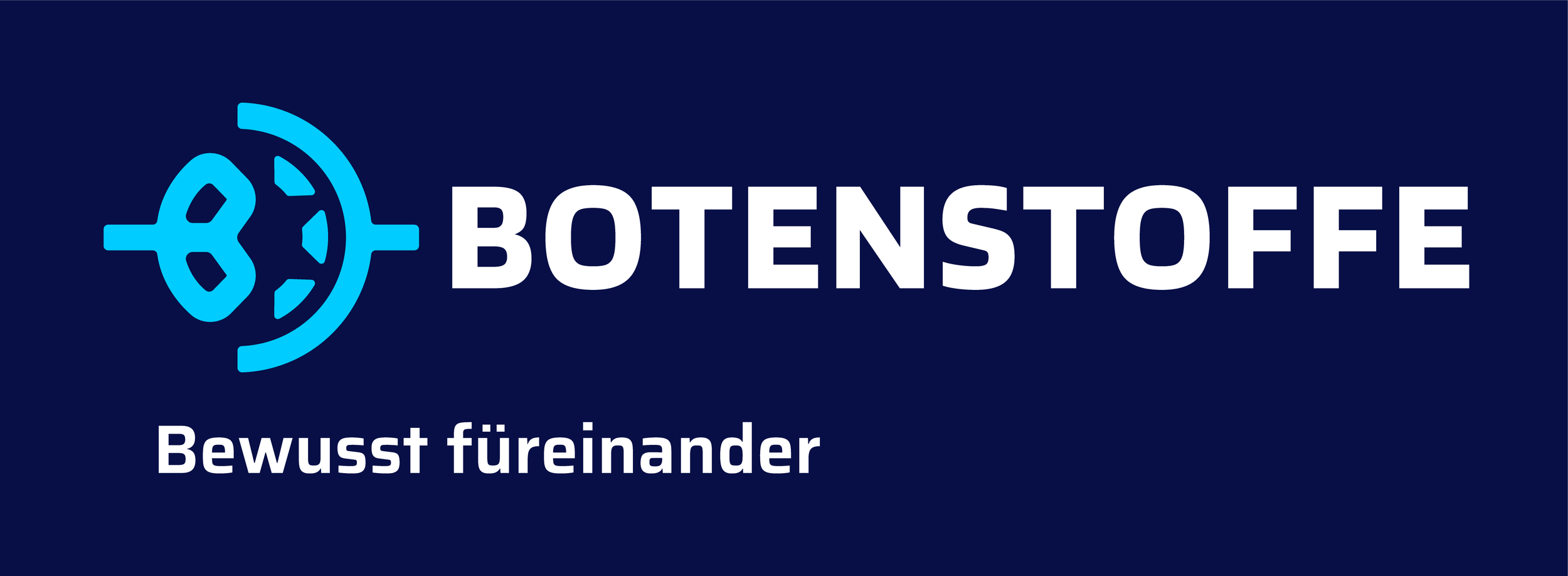 Logo mit einer blauen Pflanzenzelle und dem Text 'BOTENSTOFFE' und dem Untertitel 'Bewusst füreinander' auf dunklem Hintergrund.
