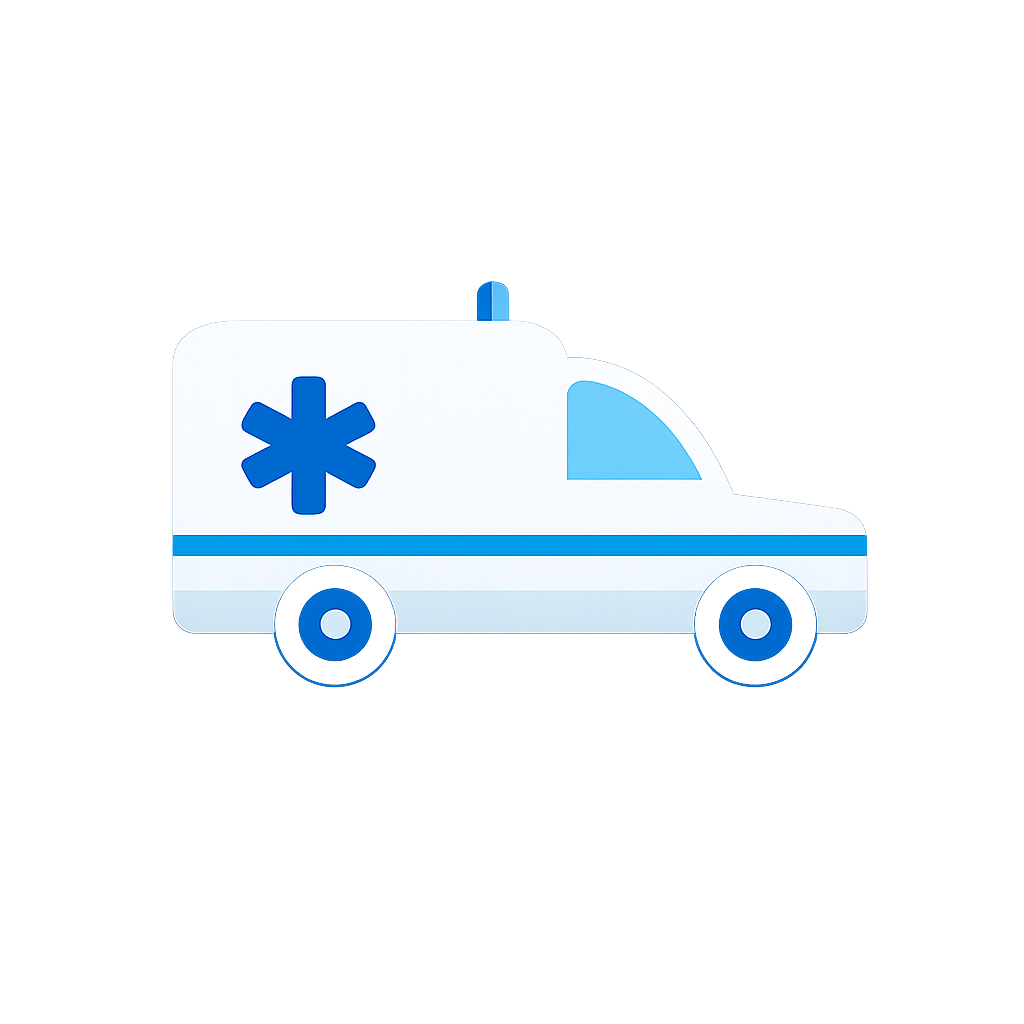 Illustration eines Rettungswagens, der auf einem dunklen Hintergrund fährt. Weitere Gesundheitseinrichtungen. Zielgruppe von Botenstoffe Consulting GmbH.