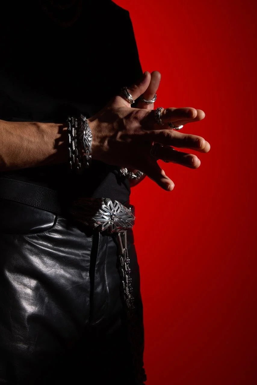 Artisan-crafted Japanese calf leather trousers for Baptiste of MØSAIS Paris. Featuring handmade leather buttons, hand-stitched details and original leather tailoring, rooted in an avant-garde approach to craftsmanship.