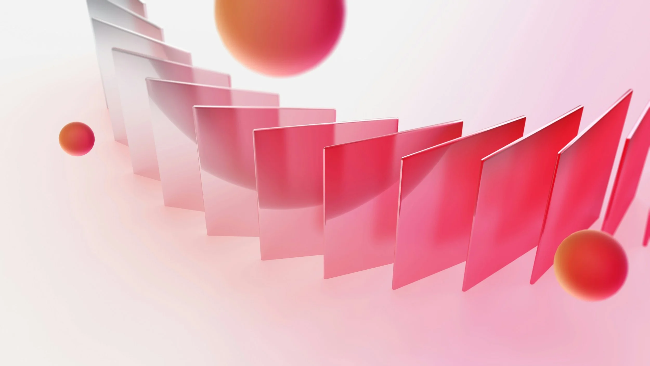 Abstract digital artwork featuring pink and red elements with a series of pink rectangular panels, pink and orange spheres, and a yellow semi-circle against a light pink background.