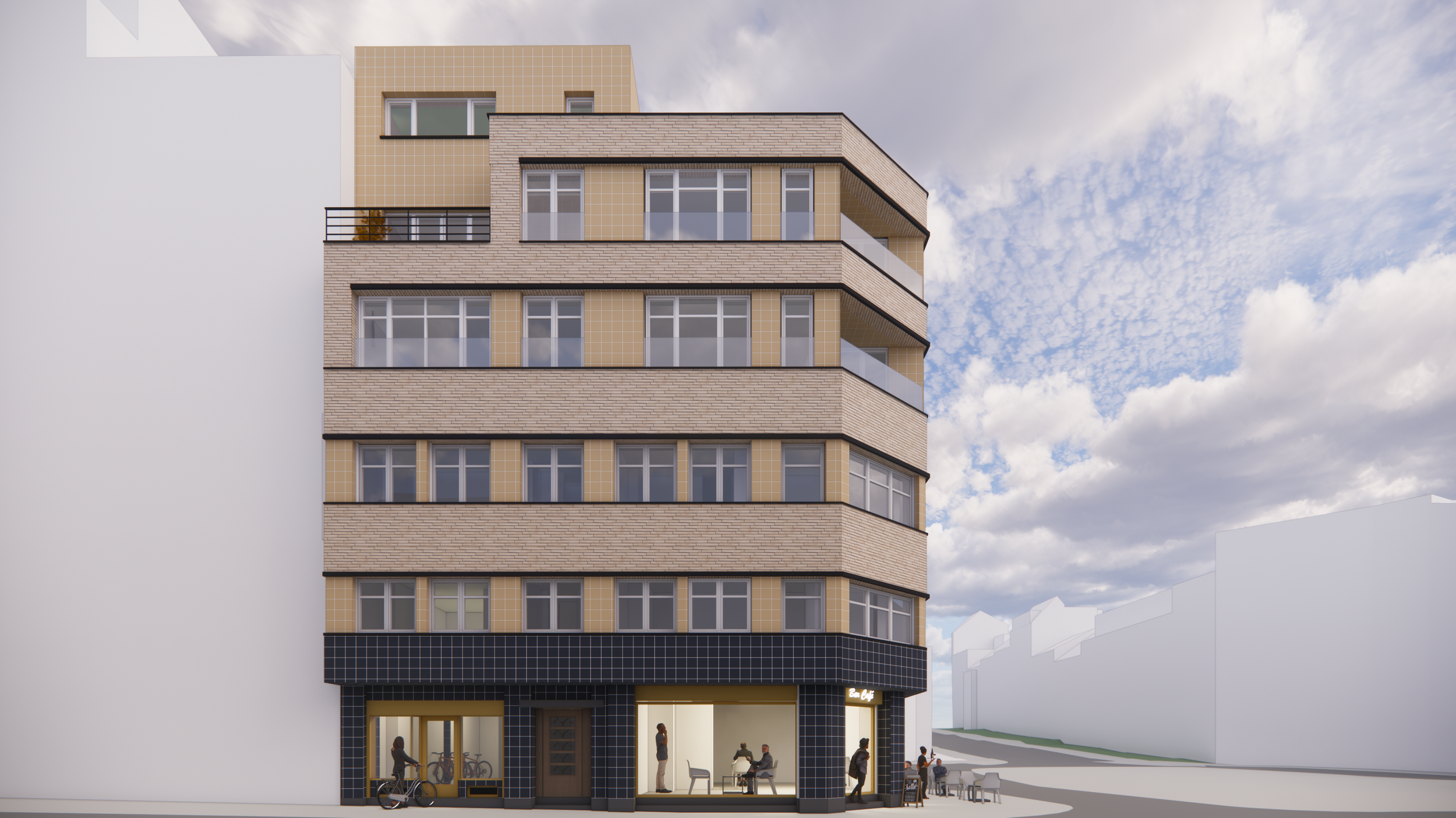 Immeuble moderne avec plusieurs étages, façades en brique beige et grandes fenêtres, avec un espace commercial au rez-de-chaussée. Personnes à l’extérieur, certaines assises, d’autres marchant ou parlant. Ciel avec nuages blancs et gris.