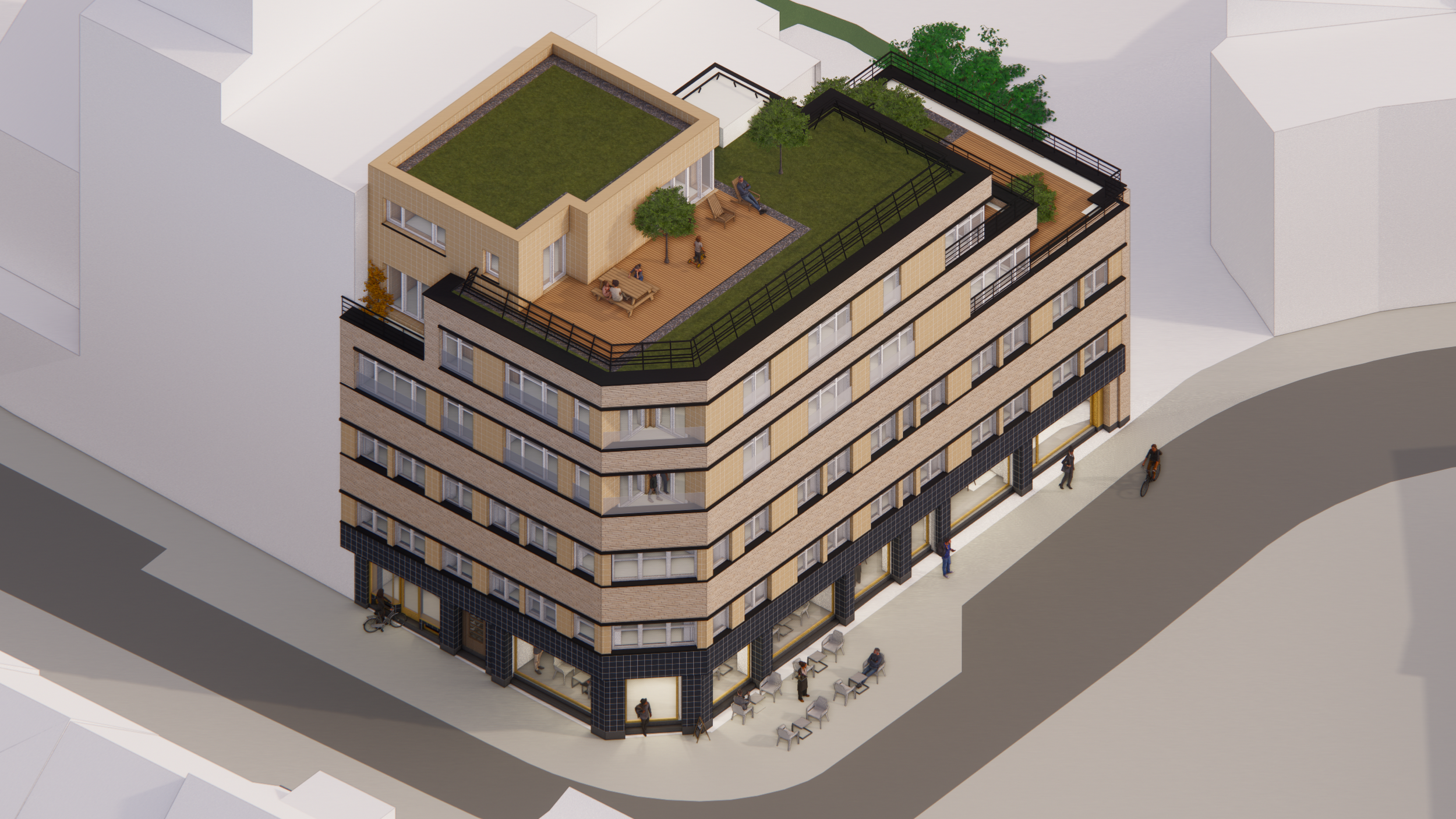 Vue aérienne d'un immeuble moderne avec un toit-terrasse aménagé, comprenant des zones gazonnées, des arbres, des meubles de jardin, et des balcons avec des railing noirs. Des personnes et un vélo sont visibles autour de l'immeuble.