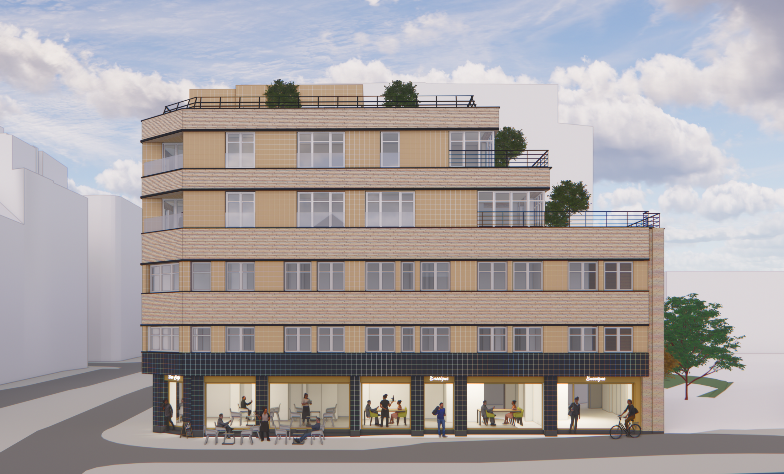 Bâtiment commercial avec café au rez-de-chaussée et appartements résidentiels au-dessus, avec des clients à l'extérieur et des arbres sur le toit.