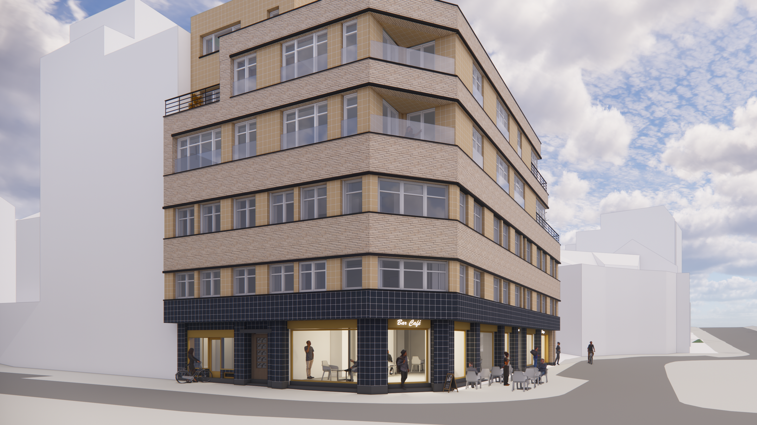 Un bâtiment moderne à plusieurs étages abritant un café/bar au rez-de-chaussée avec des clients à l'extérieur, et des balcons avec des fenêtres. Le ciel est partiellement nuageux.