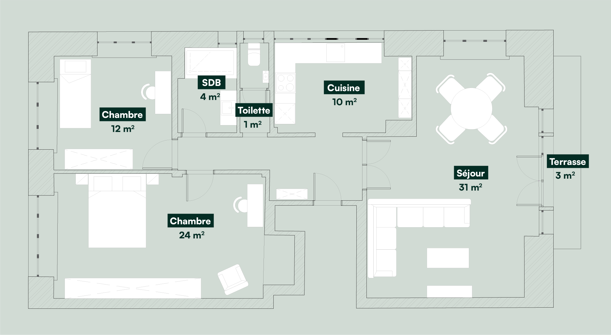 Plan appartement 2 chambres 100m² avenue du Chili Bruxelles