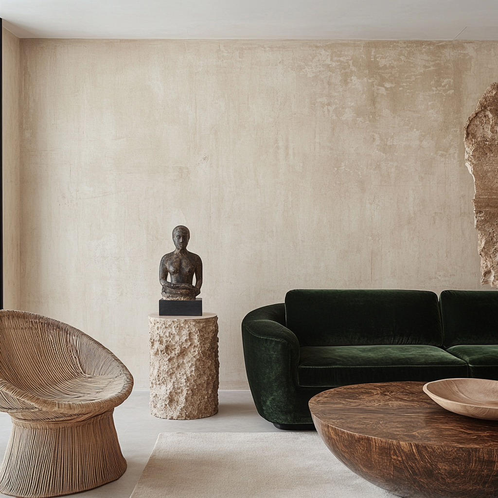 A living room with a textured beige wall, featuring a dark green velvet sofa, a round wooden coffee table, a sculptural armchair, and a small sculpture on a textured pedestal.