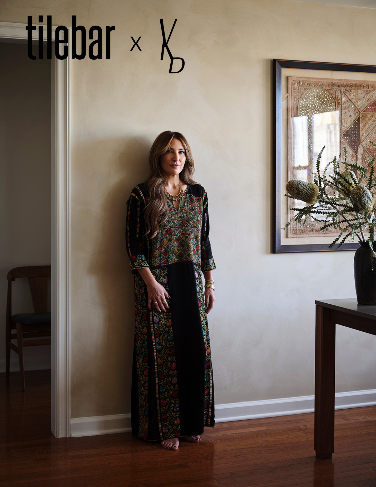Interior designer Vanessa Katzen of Vanessa Katzen Design photographed in a warm, art-filled New York interior for TileBar.