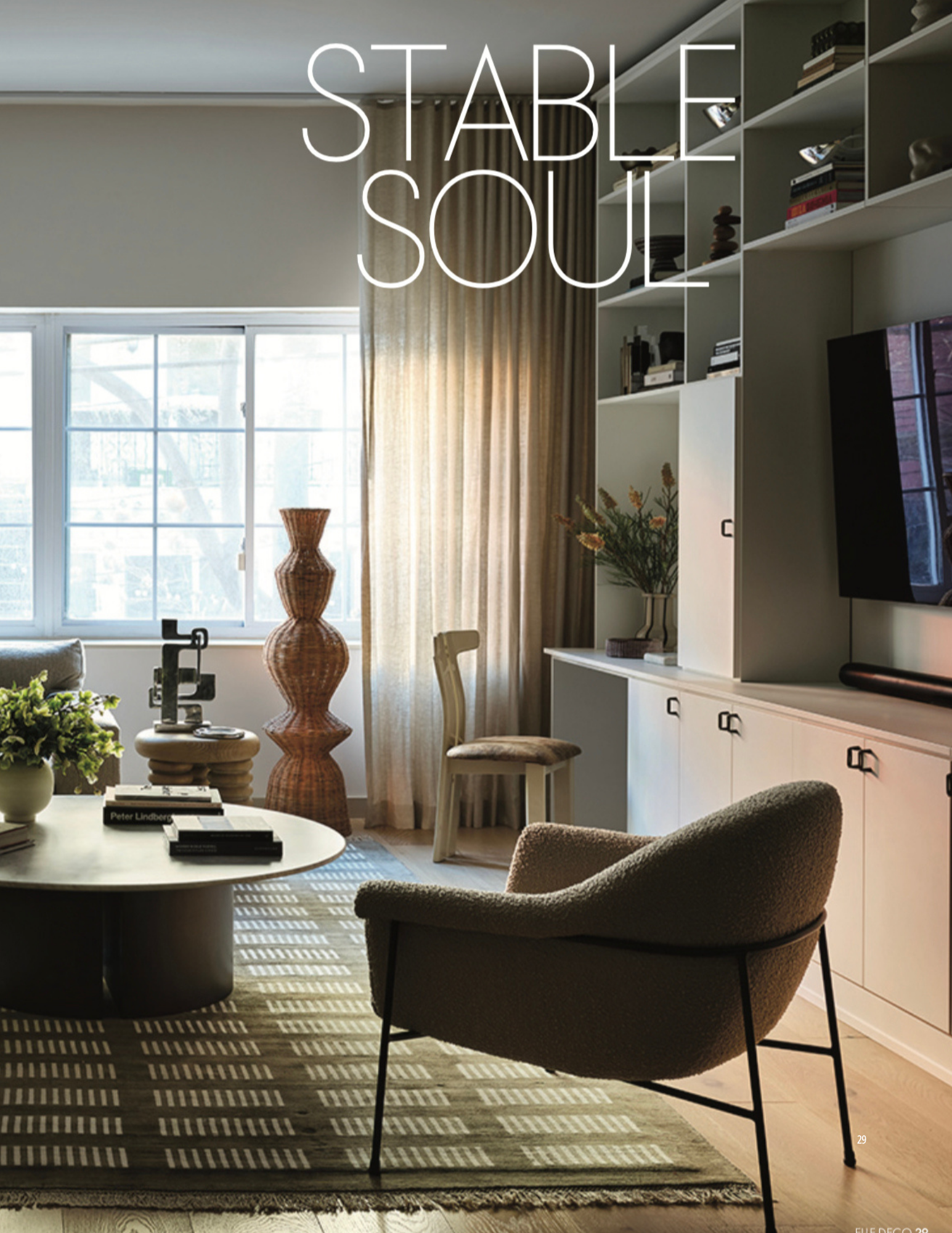 Elle Decoration  | Vanessa Katzen Design
Print Feature Stable Soul. A Brooklyn living room in warm oat, sage and taupe. Boucle seating, sculptural objects and custom shelving 