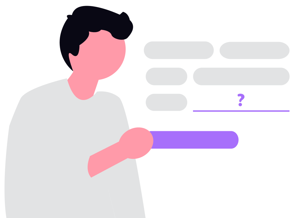 Illustration of a person with dark hair and a light shirt pointing to a purple answer choice on a multiple-choice quiz with several gray answer options and a question mark.