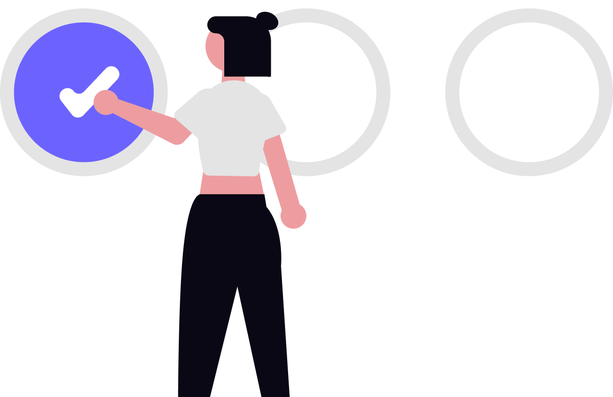 A person touching a large blue checkmark icon on a circular button, with two empty circular buttons nearby, indicating selection or approval.