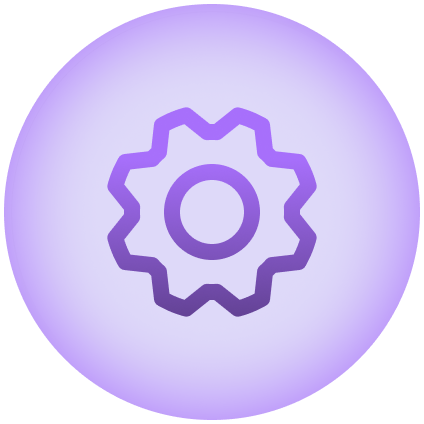 A gear icon on a purple background.