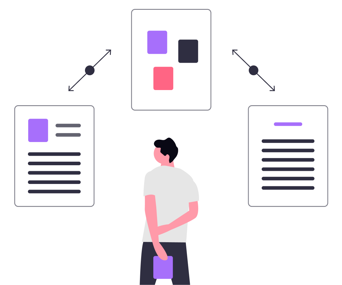 A person looking at a digital flowchart with three interconnected screens displaying color blocks and lines of text, representing a data or information process.