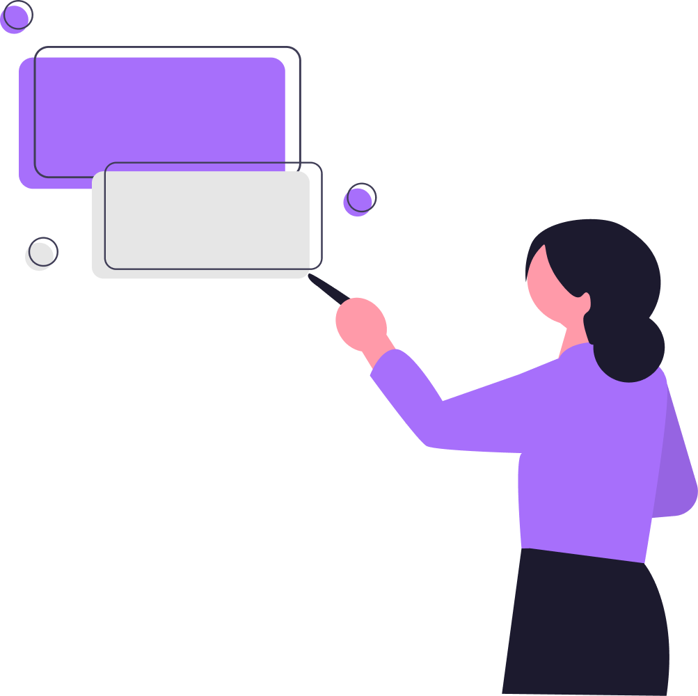 An illustrated woman in purple shirt and black skirt pointing at floating chat bubbles, with one purple and one white, against a black background.