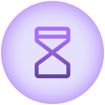 Icon of an hourglass on a light purple glowing background