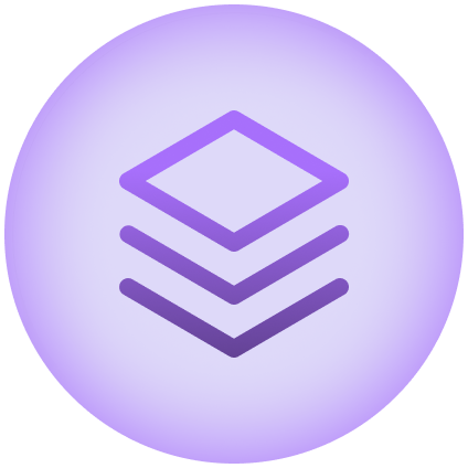 Layered geometric shapes icon on a purple circular background.
