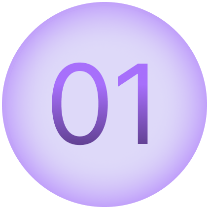 Purple circular badge with the number '01' in the center.