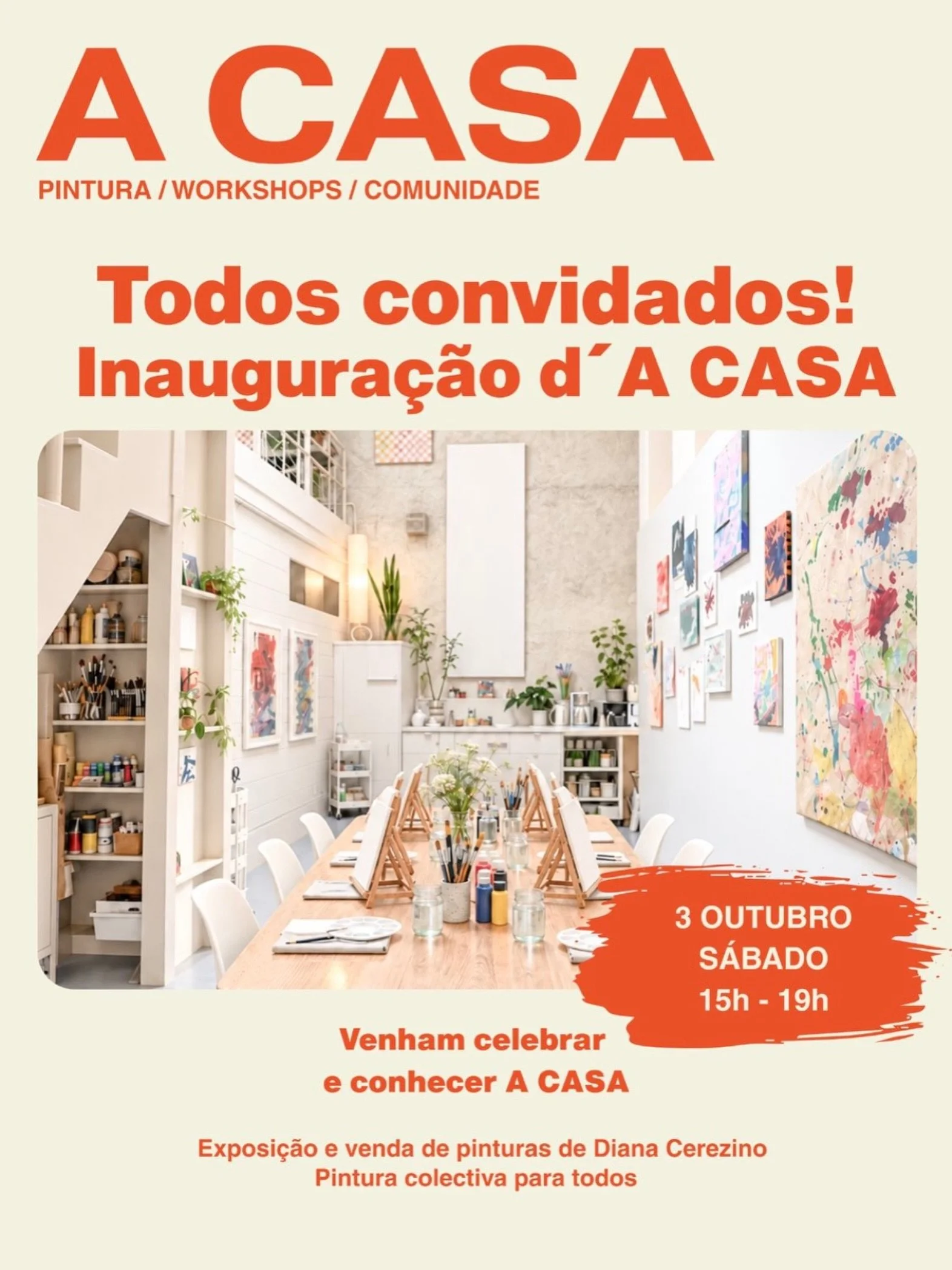 No dia 3 de outubro, S&aacute;bado, das 15h &agrave;s 19h, abrimos as portas d&rsquo;A CASA &mdash; um novo espa&ccedil;o de pintura, workshops e eventos no Barreiro.

Venham conhecer o espa&ccedil;o, descobrir os programas e participar nas duas pint