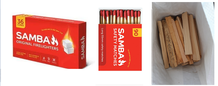 Box of 36 safety matches, box of 90 safety matches, and wooden fire starters inside a paper bag.