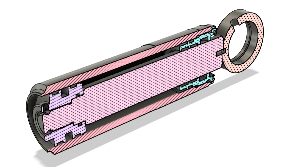 Cross-section of a mechanical component showing layered pink, purple, blue, and black parts with a circular opening on one end.