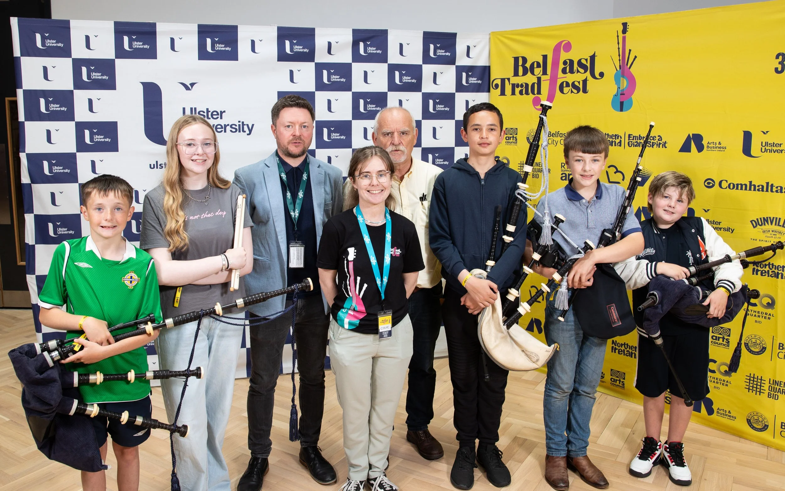 Artistic Director Dónal O'Connor, Chairman Ray Morgan and Marketing Officer Chloe McGregor with bursary recipients Joel McCluskey, Jorja McCluskey, Alan Waddell, Henry Spencer and Alexander Jackson.jpg