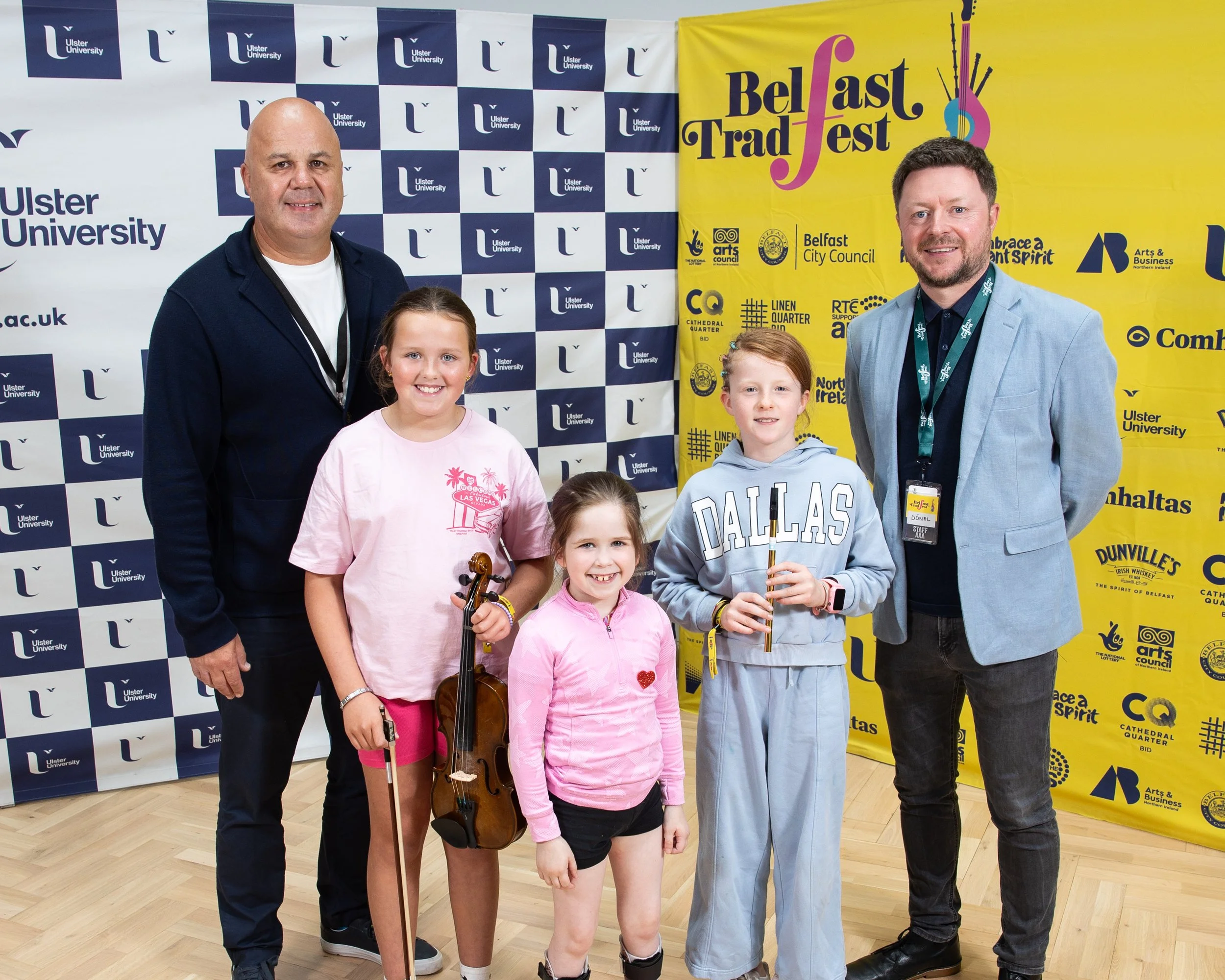 Ciaran Sheehan and Artistic Director Dónal O'Connor with bursary recipients Fiadh Seenan, Éithne Reynolds and Alice Smnott-1.jpg