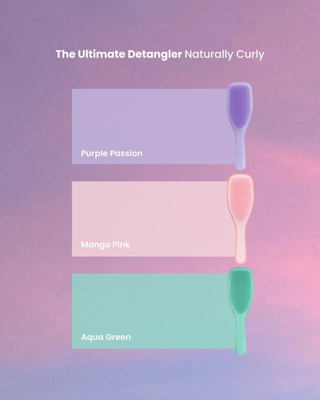 Colour options for a The Ultimate Detangler Naturally Curly: Purple Passion, Mango Pink, Aqua Green display on a pastel background.