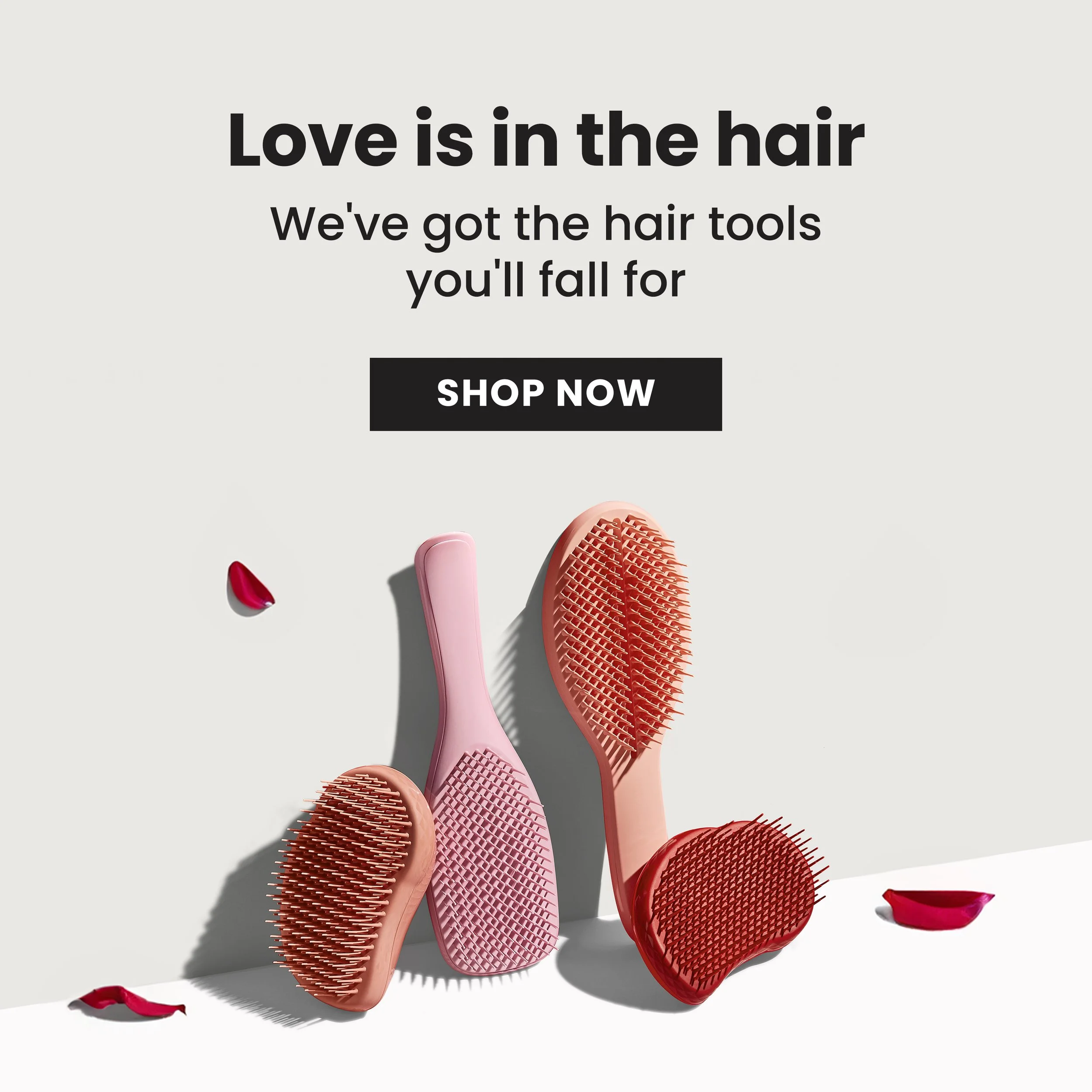 A collection of pink, red, and peach hairbrushes, arranged on a white surface with some flower petals scattered around.