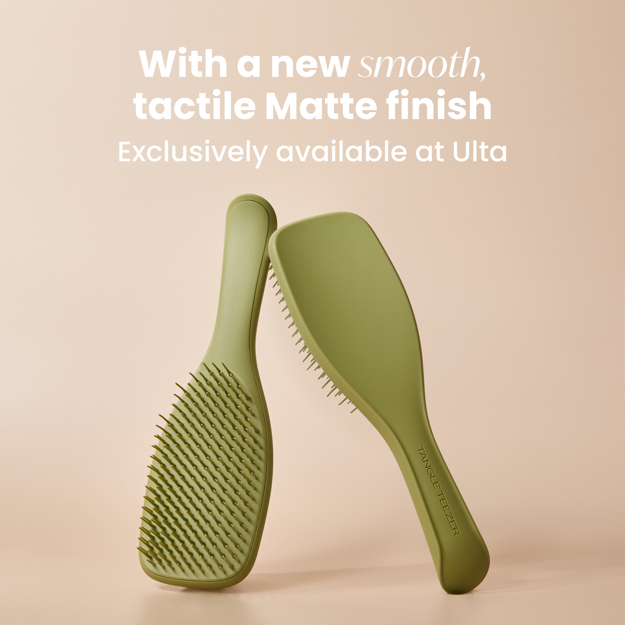 Two green hairbrushes with textured and smooth matte finishes, placed against a beige background, with text overlay about a new matte finish available at Ulta.