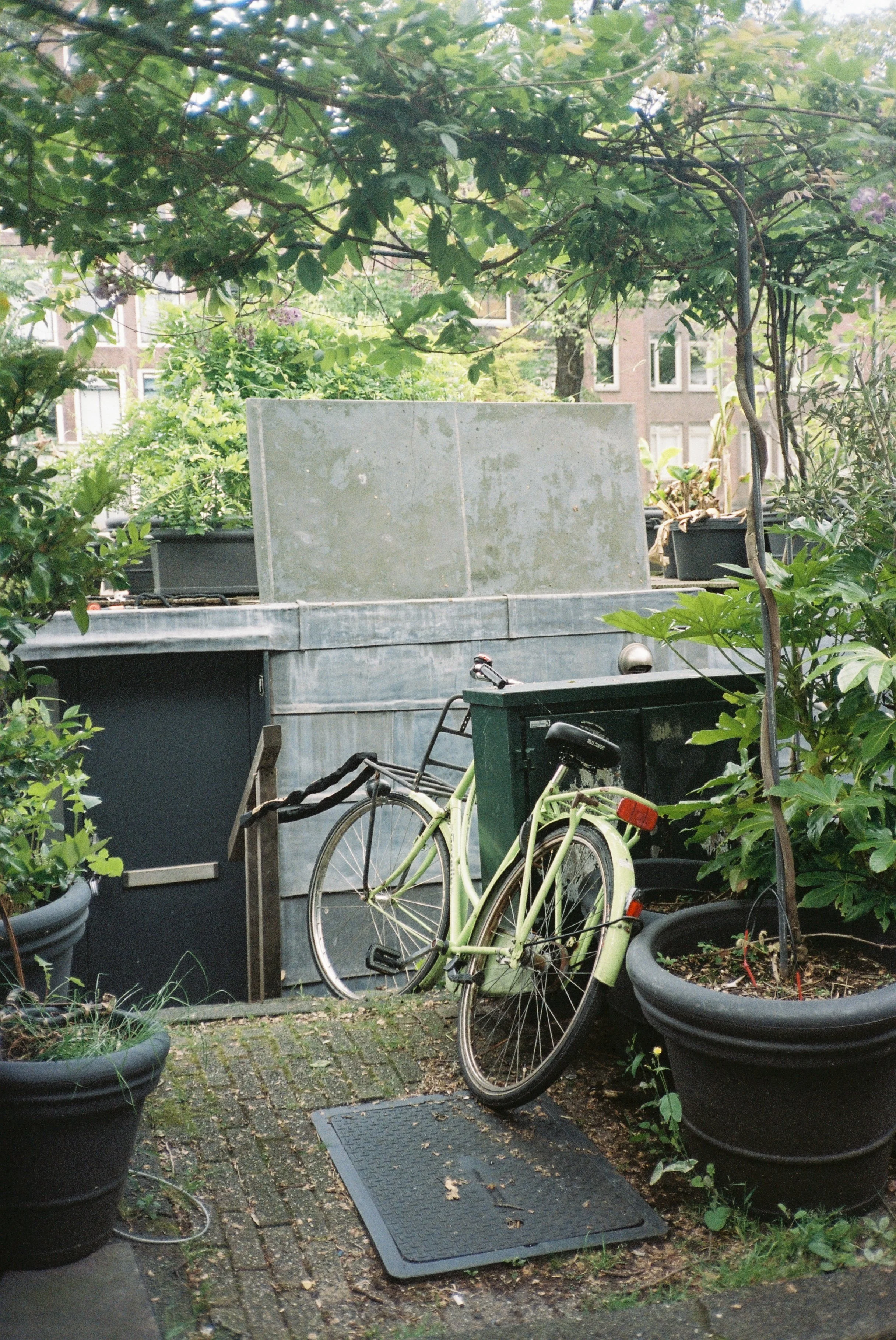 A small courtyard garden with potted plants, bicycles, and a metal storage unit or trash can. The area is paved with bricks, and a rubber mat is on the ground. There are buildings with windows in the background and a leafy vine covering part of the s