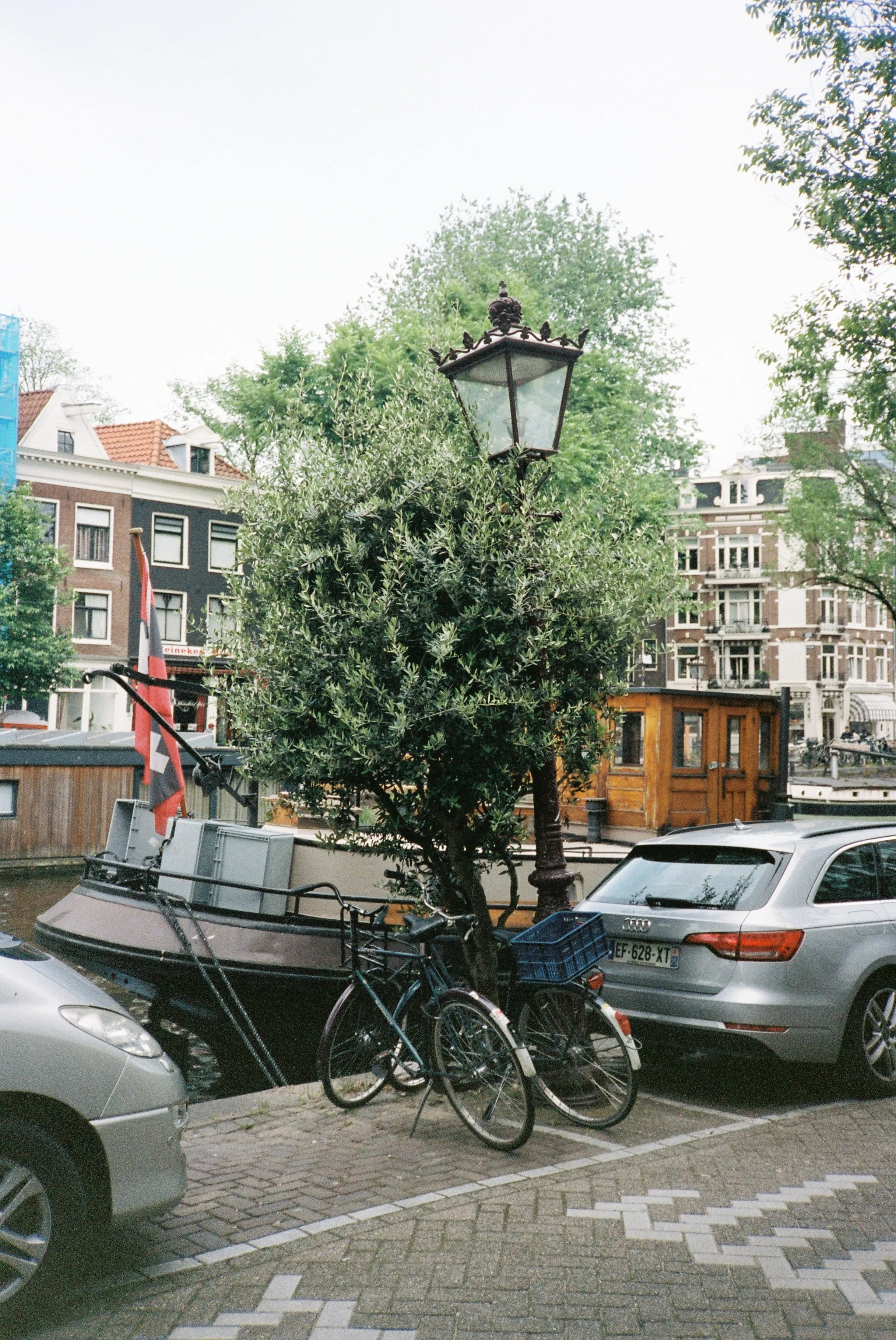 Street scene with parked cars, a bicycle, a lamppost, trees, and buildings with a European architectural style.