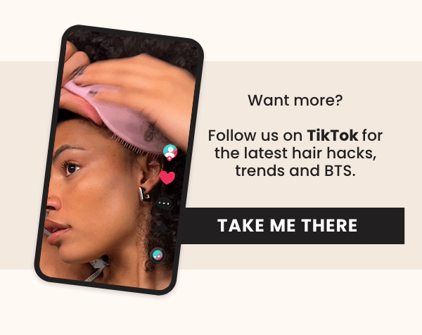 A woman getting her hair styled, with a promotional message about following on TikTok for hair tips and trends, and a call-to-action button labeled 'Take Me There'.