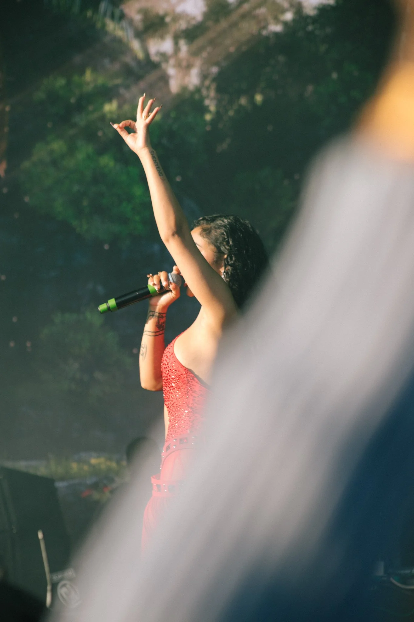Musician Shenseaa wearing a red, sequined outfit with cutouts, singing into a microphone on stage with a tropical backdrop of trees and mountains.