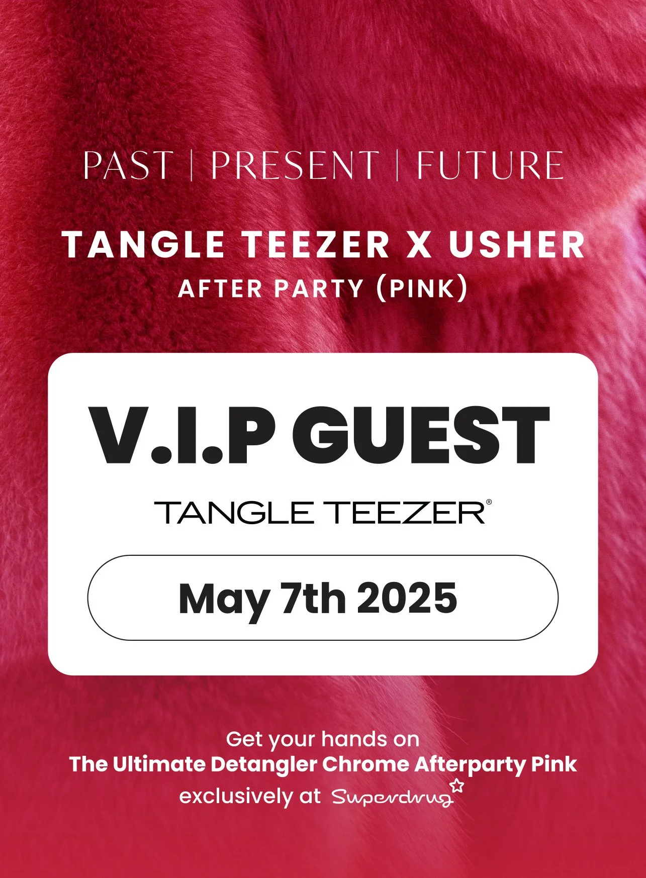 Event lanyard for Tangle Teezer x Usher on May 7th, 2025, with a pink fur background and VIP guest label.