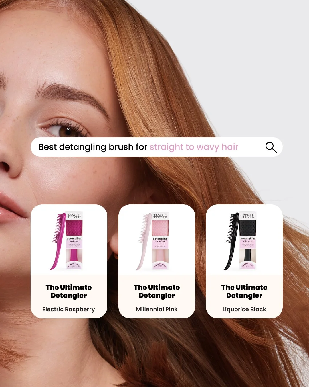 Close-up of a woman with straight red hair, with a search bar overlay and three different detangling hairbrushes displayed below, labeled as The Ultimate Detangler in Electric Raspberry, Millennial Pink, and Liquorice Black.