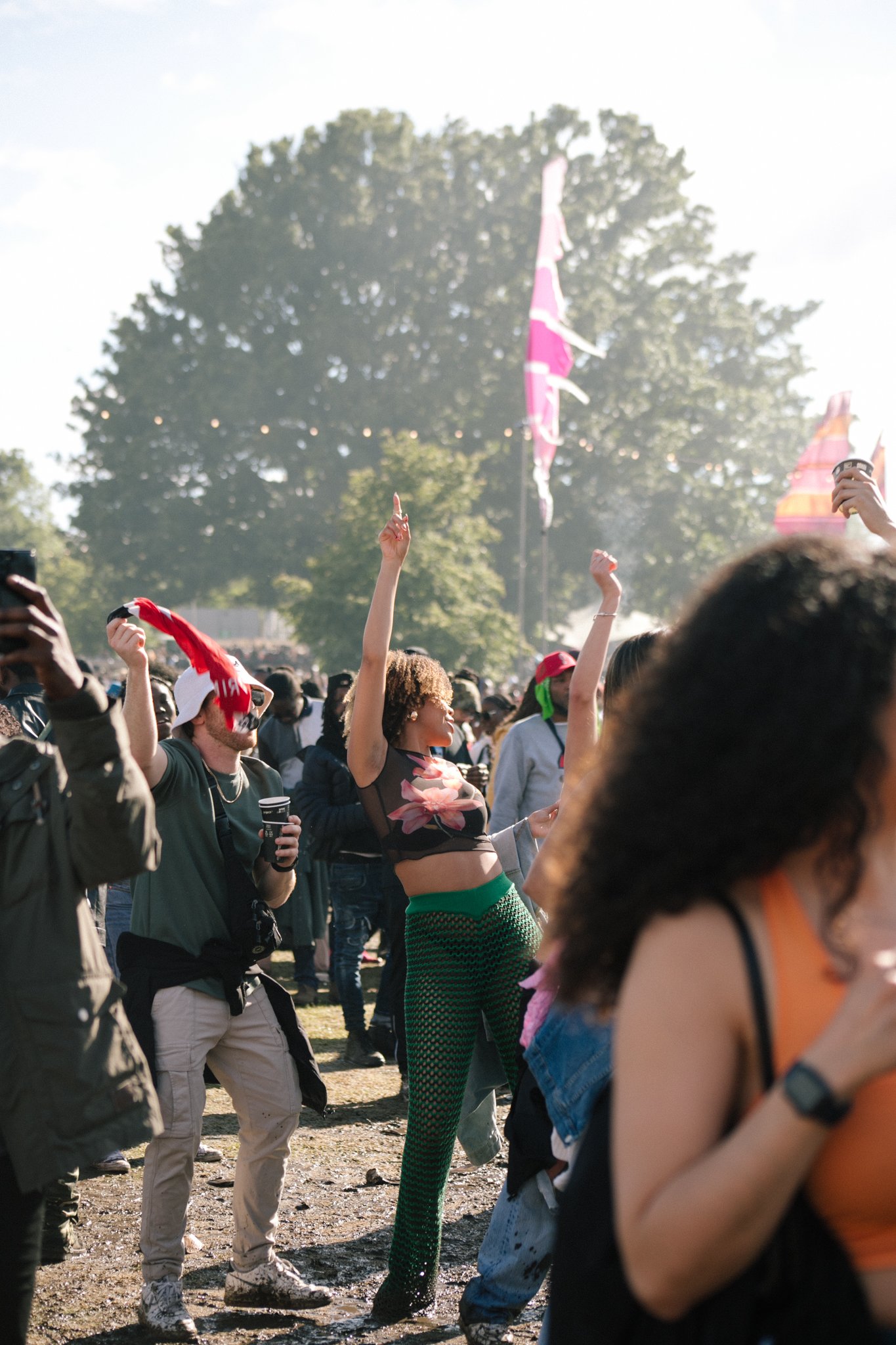 People gathered outdoors, raising their hands and taking photos during a sunny event with large trees and pink flags in the background.
