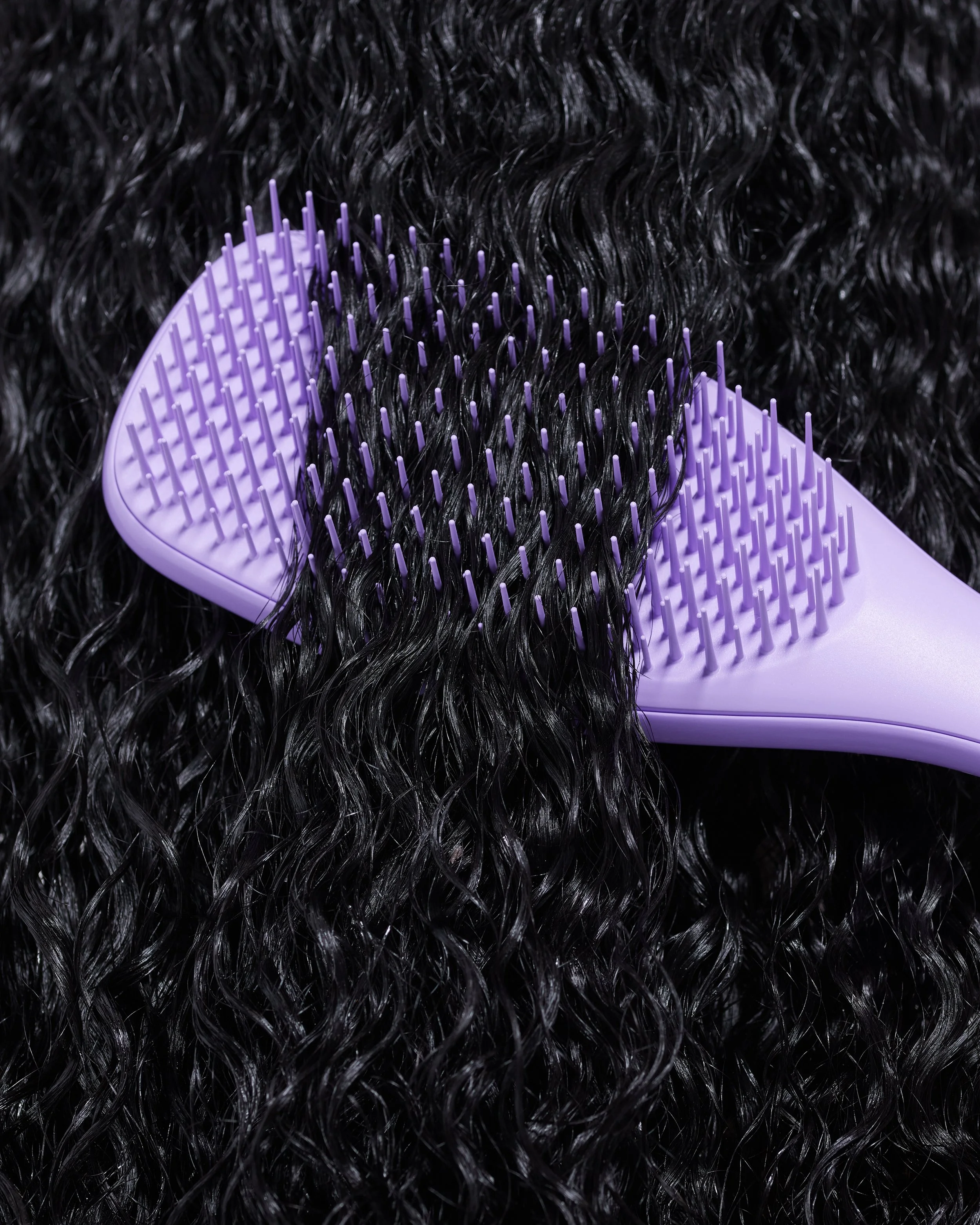 Close-up of curly black hair with a purple hairbrush resting on it.