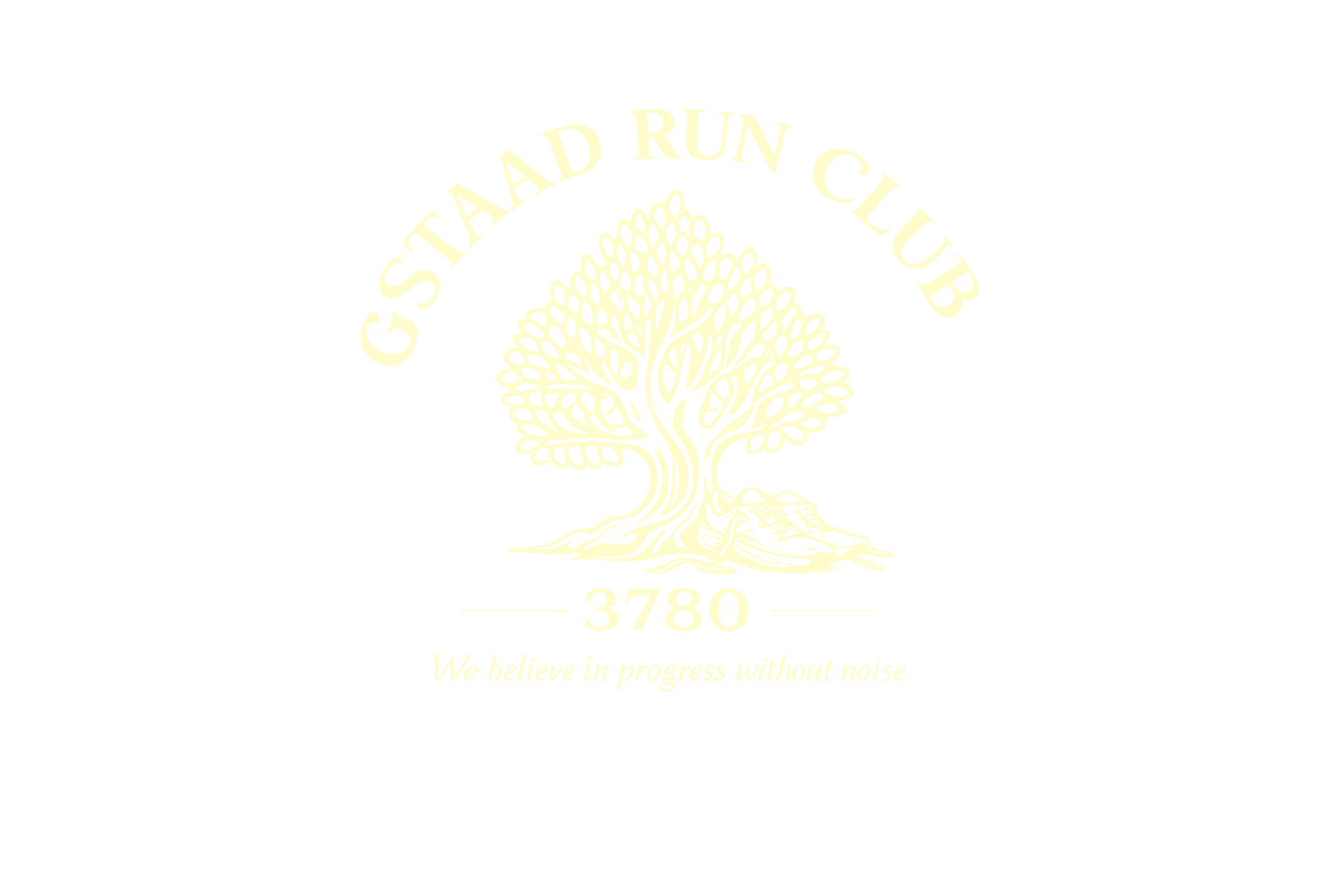 Logo of the Gstaaad Run Club featuring a tree with roots, the number 3780, and the motto 'We believe in progress without noise' on a black background.
