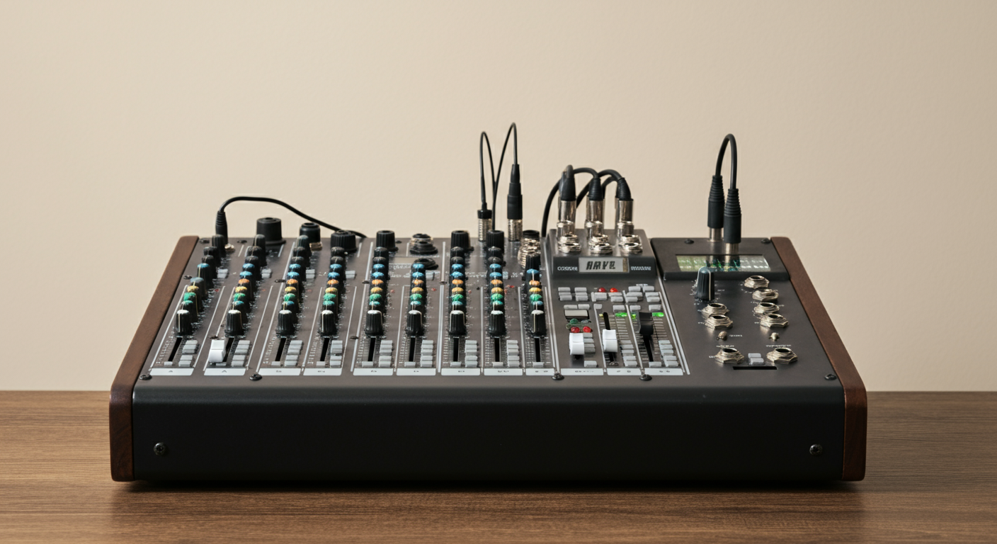 A black audio mixing console with multiple control knobs, sliders, and cables connected, placed on a wooden table against a plain beige wall.