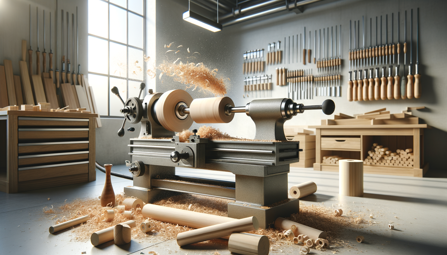 A woodworking lathe machine in a woodworking shop, with wood shavings flying as it shapes a piece of wood. The shop has tools hanging on the wall and various pieces of wood stored.