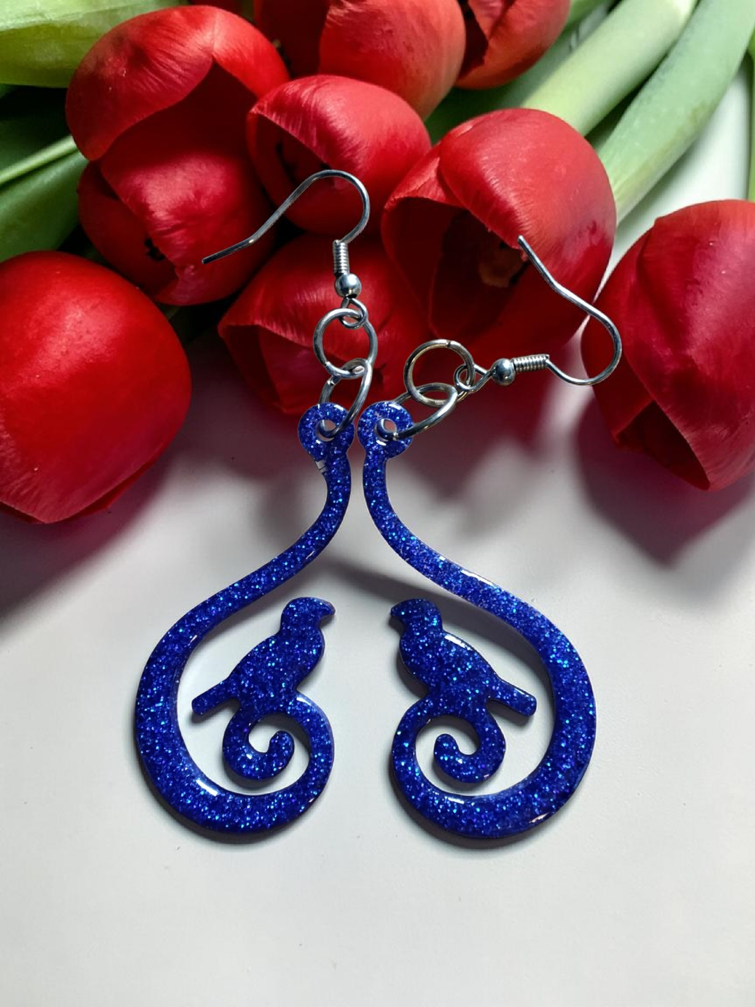 Blue Glitter Bird Earrings
