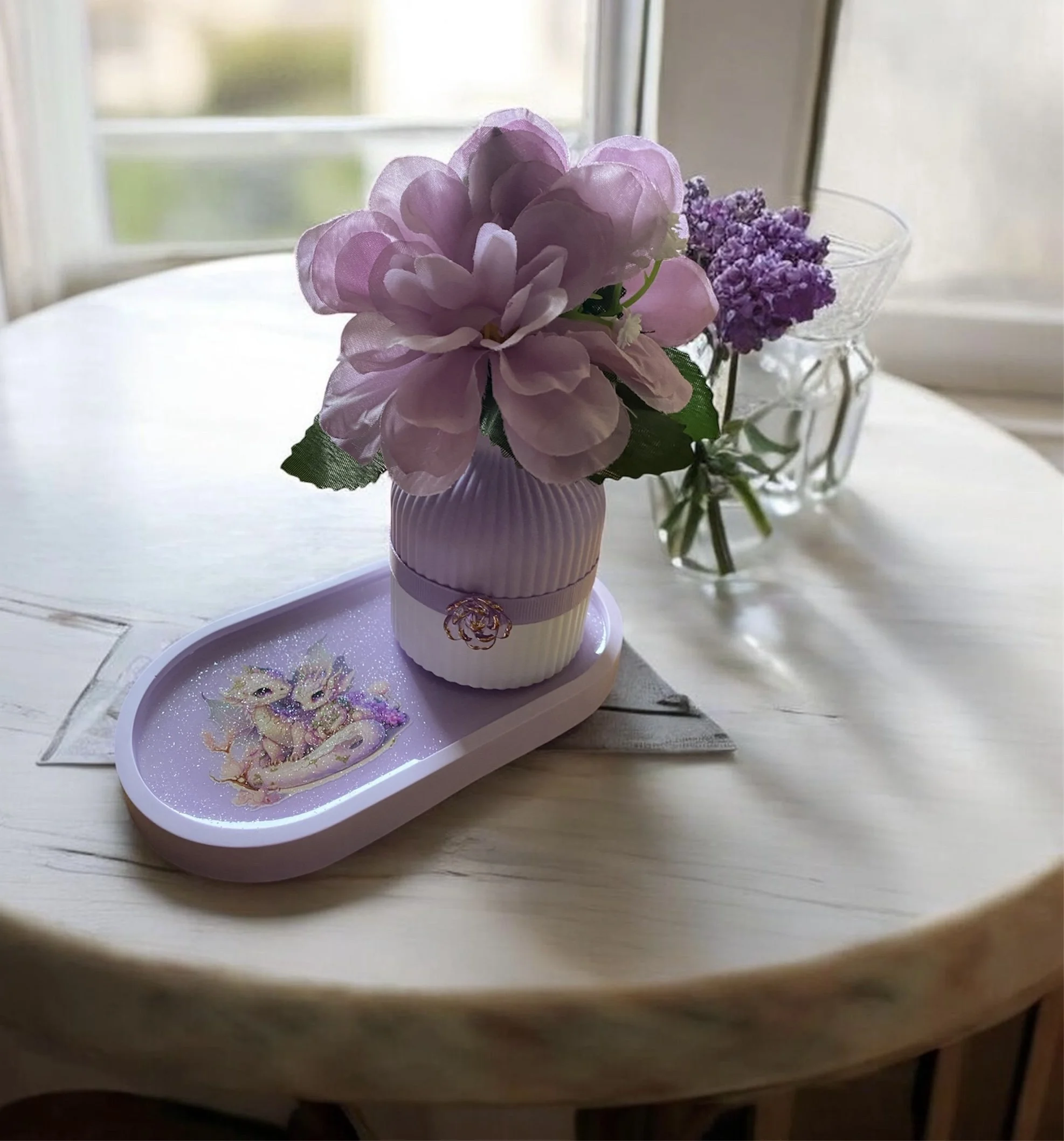 Whimsical Lavender Resin Decor Tray and Vase