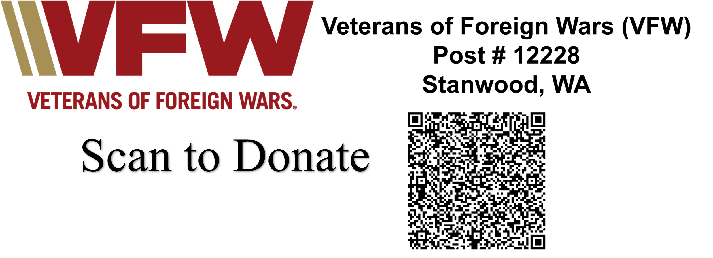 Veterans of Foreign Wars logo with red and gold letters, a QR code on the right, and the text 'VETERANS OF FOREIGN WARS.' underneath.