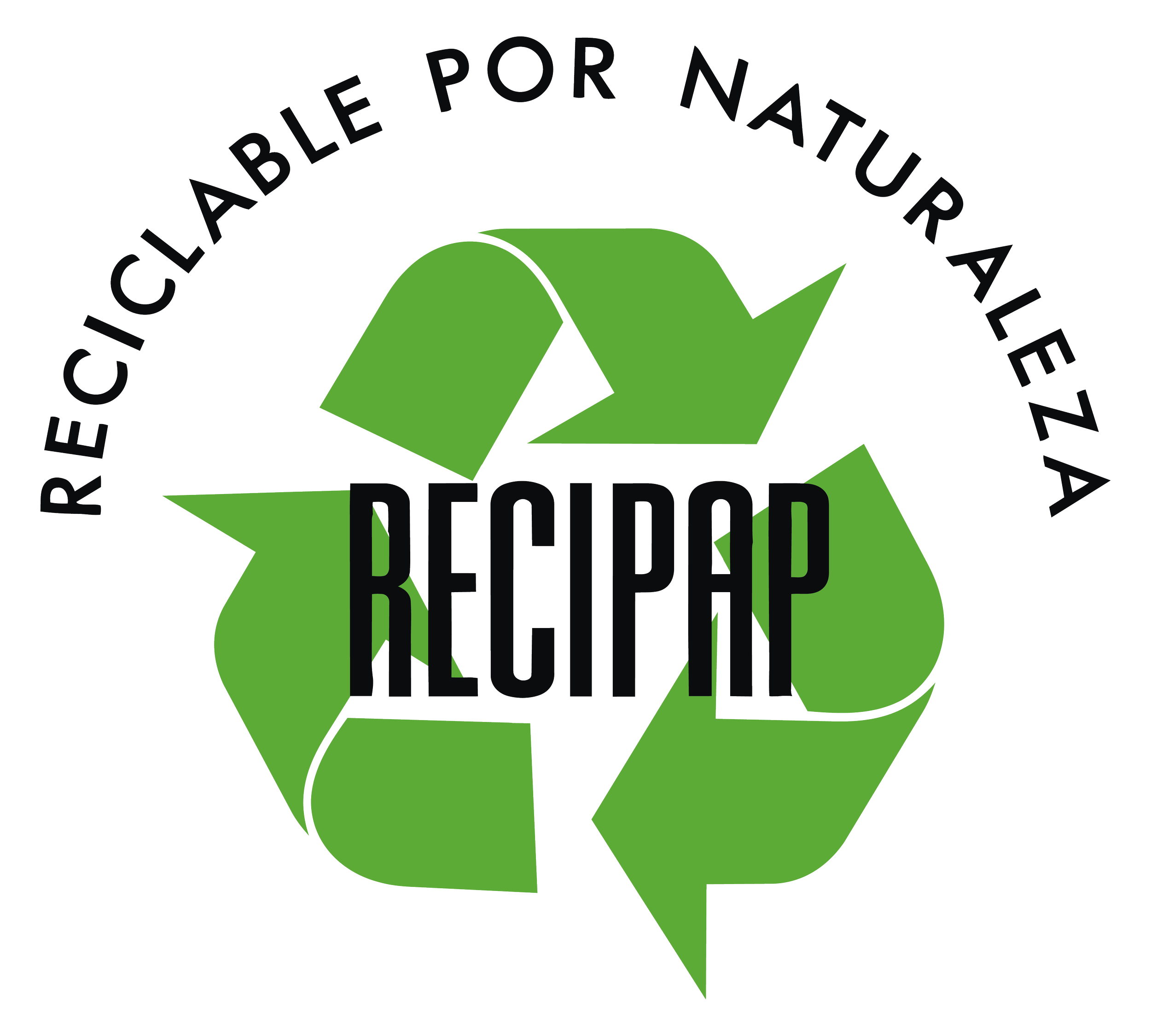 Logotipo con una flecha verde que forma una figura triangular, con texto en círculo que dice 'Reciclaje por naturaleza', y palabras 'Reciclar' y 'Reutilizar' en la parte inferior.